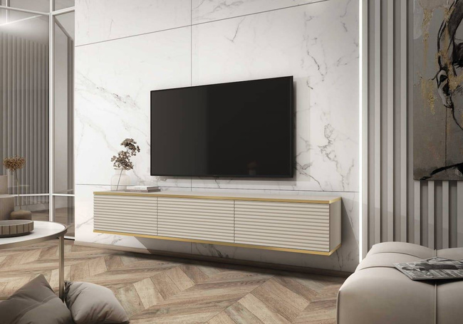 Porta TV sospeso 175 cm SIMETO beige frontale scanalato decorativo