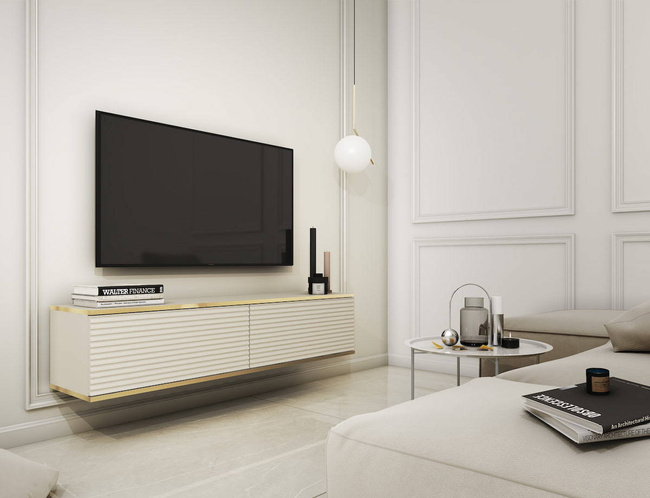 Porta TV sospeso 135 cm SIMETO beige frontale scanalato decorativo