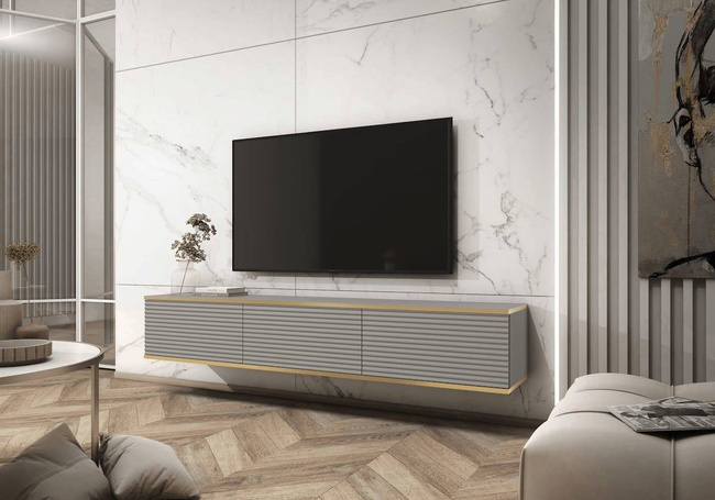 Porta TV sospeso 175 cm SIMETO grigio frontale scanalato decorativo