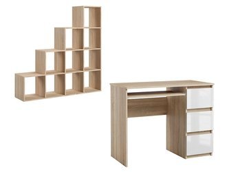 Set mobili da ufficio - Scrivania Heini + Libreria Pitagora Bianco Lucido e Sonoma