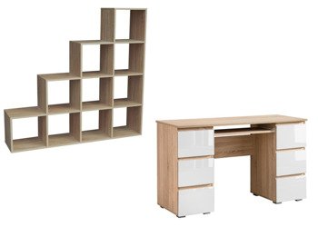 Set mobili da ufficio - Scrivania Jaris + Libreria Pitagora Bianco Lucido e Sonoma