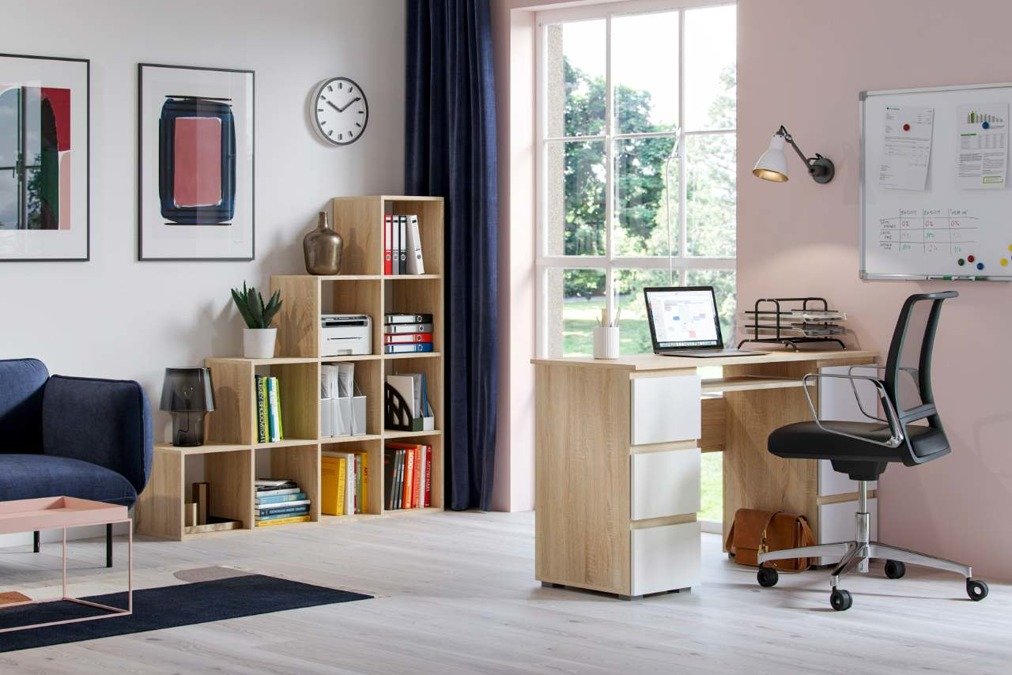 Set mobili da ufficio - Scrivania Jaris + Libreria Pitagora Bianco Lucido e  Sonoma Rovere Sonoma