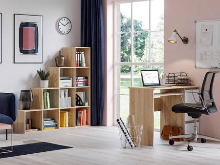 Set mobili da ufficio - Scrivania Heini + Libreria Pitagora Bianco Opaco e Sonoma